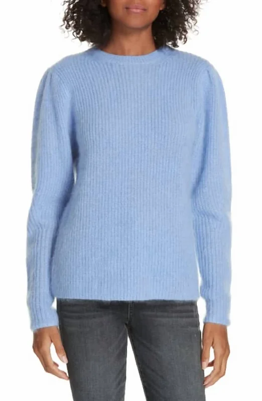 Pullover sweater dress combo-Women's Animal Print Pullovers-Mohair Blend Crew Neck Fuzzy Puff Sleeve In Blue