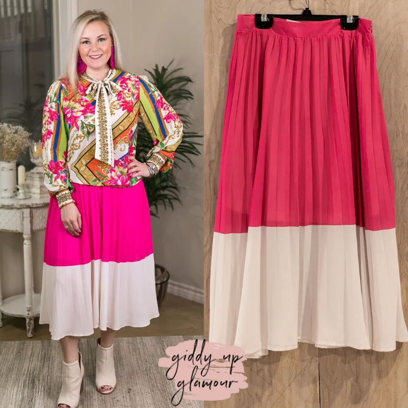 Drop Waist Skirts-Women's Metallic Skirts-Bright Outlook Color Block High Waist Pleated Midi Skirt in Hot Pink