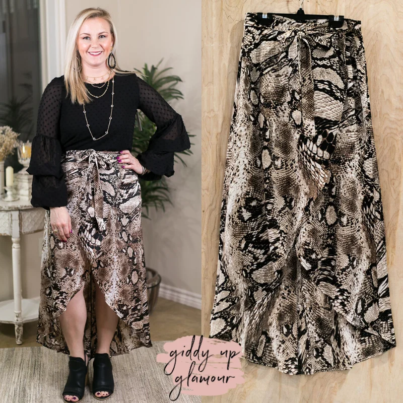 Empire Waist Skirts-Women's Midi Denim Skirts-Last Chance Size Small | Let Me Go Out Hi Low Wrap Snakeskin Skirt in Mocha