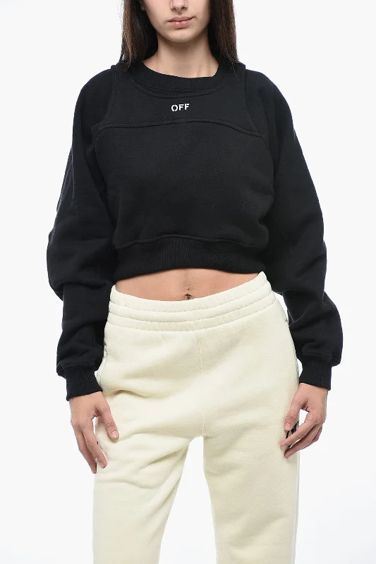 Pullover sweater luxury sale-Women's Lace Pullovers-Off-White Double-Layered Cropped Sweatshirt with Oversized Fit