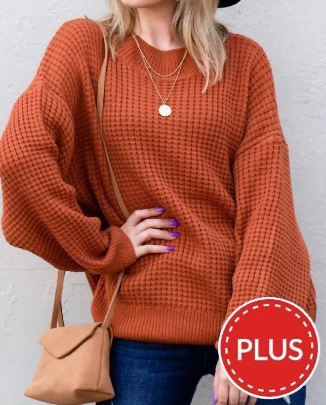 Pullover sweater handmade diy-Women's Fleece Pullovers-Cozy And Soft Waffle Basic Pullover Sweater In Rust