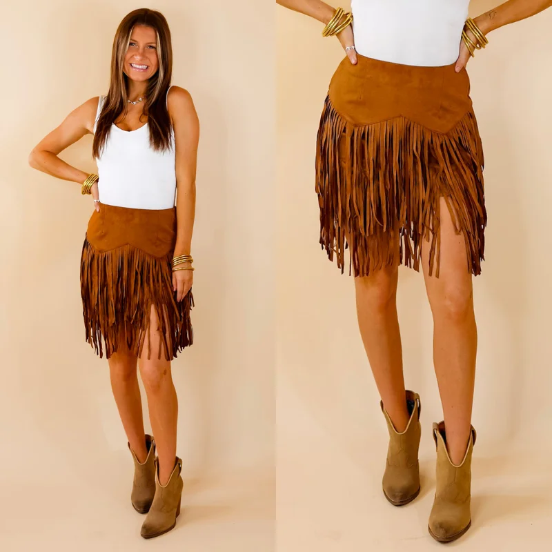 Graphic Skirts-Women's Geometric Skirts-Pep Into Your Step Suede Fringe Skirt in Camel Brown