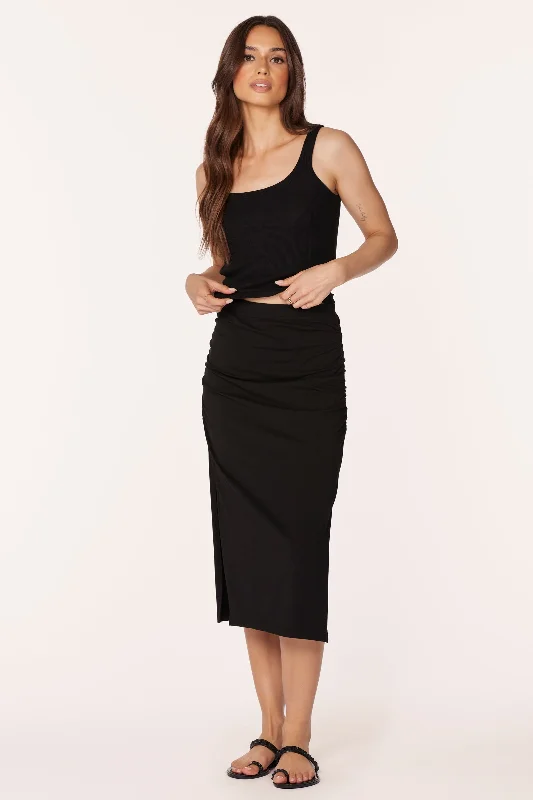 Romantic Skirts-Women's Abstract Skirts-SHIRRED MIDI SKIRT WITH SLITS