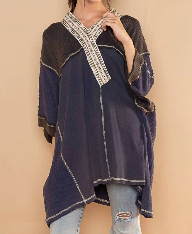 Vintage pullover sweater finds-Women's Beach Pullovers-Mix Knit Kimono Top In Navy Combo