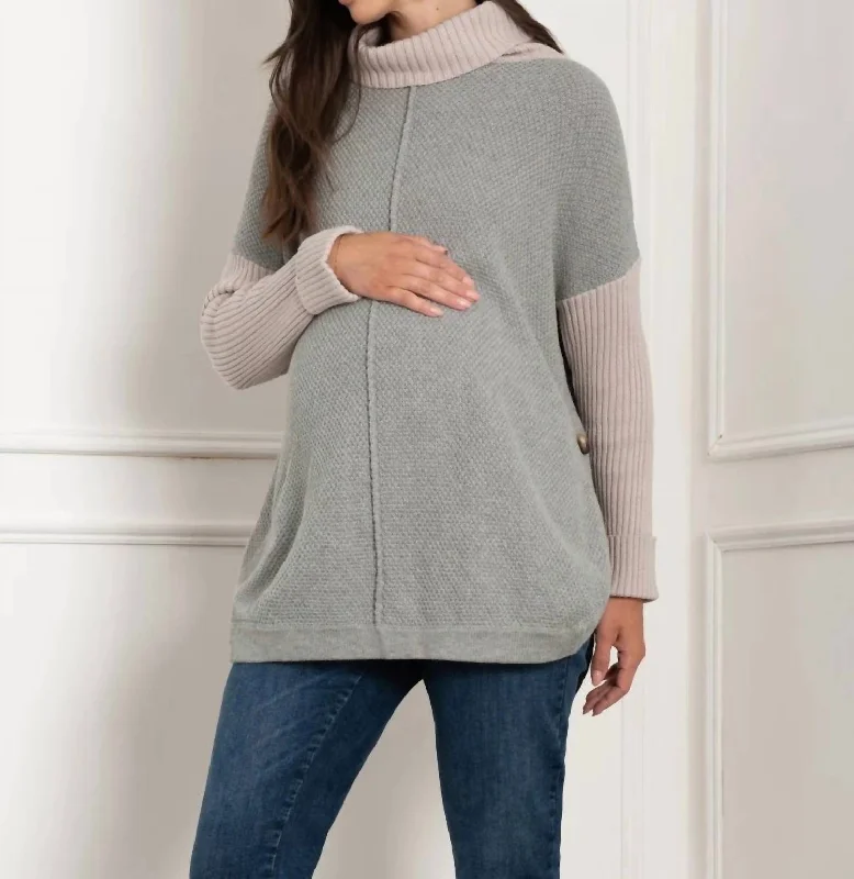 Pullover sweater cozy vibes-Women's Fleece Denim Pullovers-Bertra Roll Neck Knit Maternity + Nursing Sweater In Grey Navy