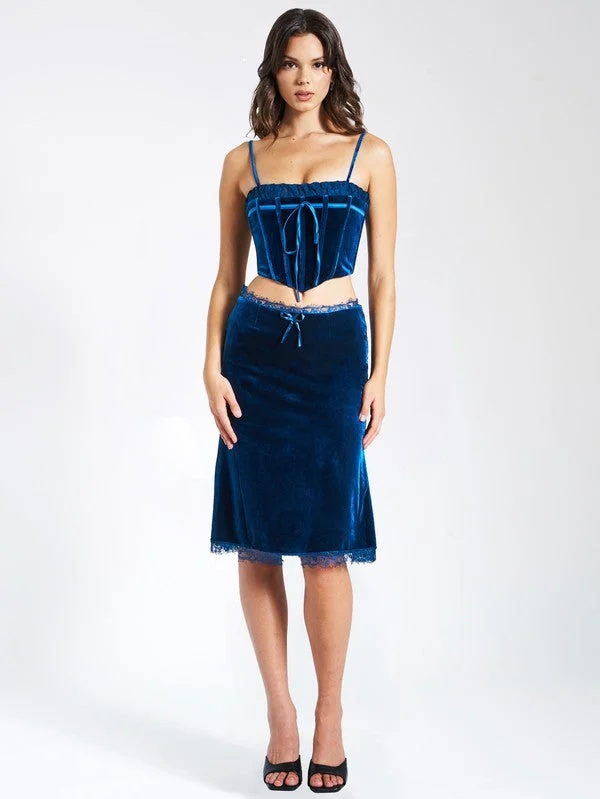 Compression Skirts-Women's Shimmer Pleated Skirts-Blue Velvet Corset Top and Skirt With Lace Trim