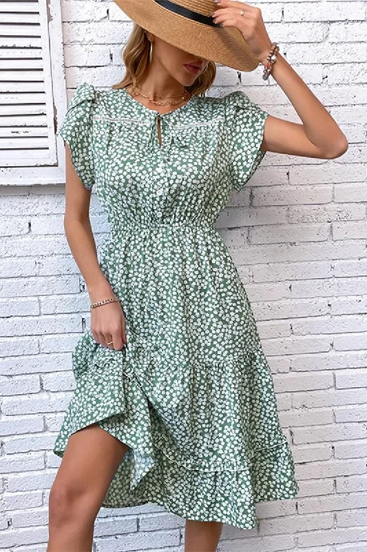 KEY HOLE NECK SLIM WAIST WOMEN MID DRESS