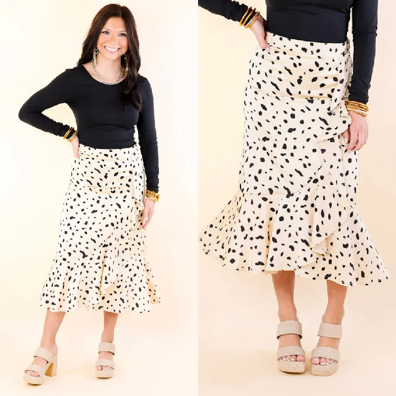 Teacher Skirts-Women's Fleece Denim Skirts-Lovely in L.A. Black Dotted Ruffle Wrap Midi Skirt in Beige