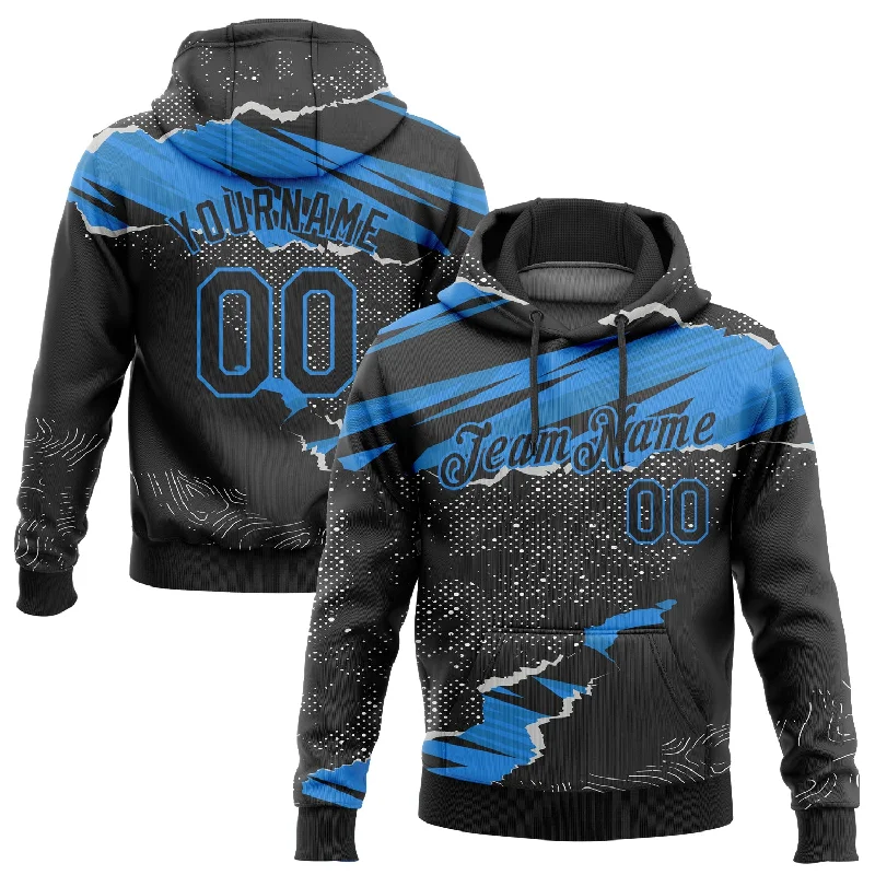 Hoodie without Pockets-Women's Distressed Hoodies-Custom Stitched Black Powder Blue 3D Pattern Design Torn Paper Style Sports Pullover Sweatshirt Hoodie