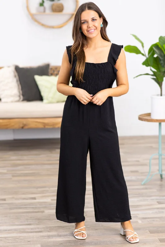 Black Smocked Bodice Ruffle Strap Jumpsuit