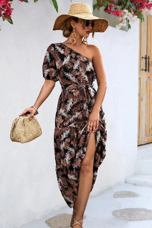 LEAVES PRINTING HALF OFF SHOULDER WOMEN LONG DRESS