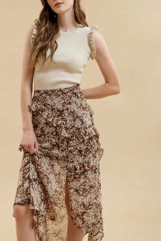 Lightweight Skirts-Women's High-Waisted Ruffle Skirts-ALYSSA FLORAL RUFFLE WRAP HANDKERCHIEF MIDI SKIRT