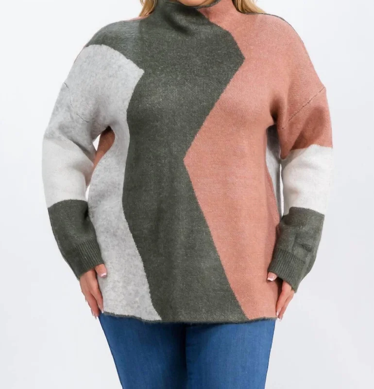 Pullover sweater color trends-Women's Button-Front A-Line Pullovers-Mock Neck Colorblock Pullover - Plus In Pink/green/gray