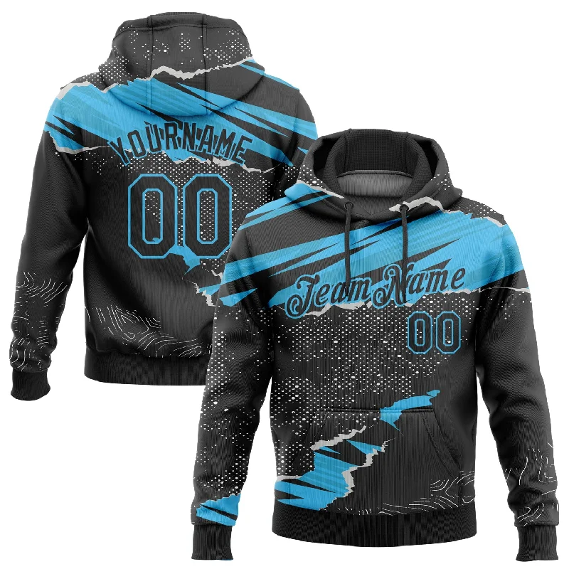 Long Sleeve Hoodie-Women's Dolman Sleeve Hoodies-Custom Stitched Black Sky Blue 3D Pattern Design Torn Paper Style Sports Pullover Sweatshirt Hoodie