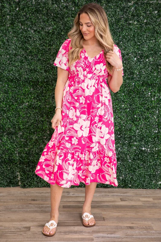 Pink Floral V-Neck Dress With Pockets