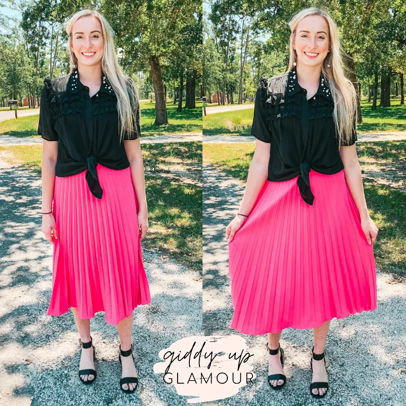 Tea-Length Skirts-Women's Metallic Pleated Skirts-Reasons Why Pleated Midi Skirt in Fuchsia