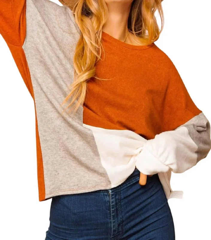 Pullover sweater size guide-Women's Button Pullovers-Colorblock Sweater In Rust