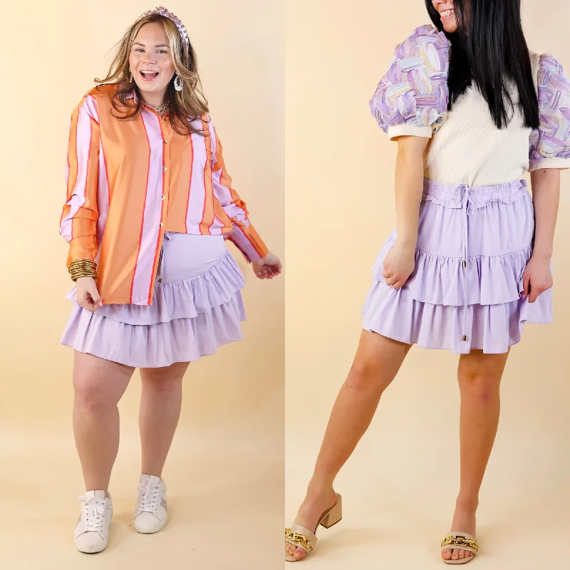 Flared Midi Skirts-Women's Fleece Pleated Skirts-Vibrant Vibes Tiered Skort with Drawstring Waist in Lavender Purple