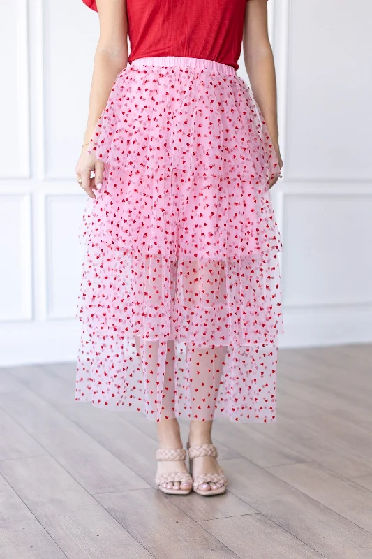 Flamenco Skirts-Women's Zip-Up Pleated Skirts-Love-Struck Pink Tulle Midi