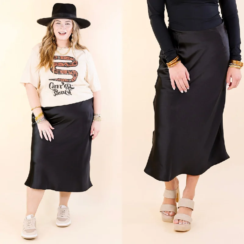 College Skirts-Women's Fleece A-Line Skirts-Bubbly And Blissful Satin Midi Skirt in Black