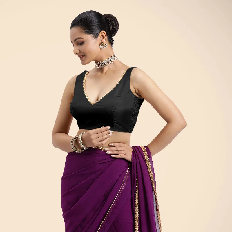 Blouses & Shirts for Loose Fit -  Women's Long Sleeve Blouses-Raisa x Tyohaar | Charcoal Black Sleeveless FlexiFit™ Saree Blouse with V Neckline with Golden Gota Lace Embellishment and Back Cut-out with Tie-Up