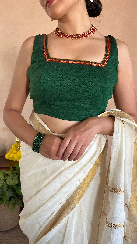 Blouses & Shirts for Movie Nights -  Women's Mock Neck Blouses-Amala x Tyohaar | Bottle Green Mangalgiri 100% Cotton Sleeveless Saree Blouse with Zari Border Detailing