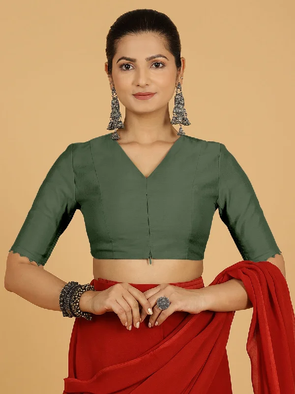 Blouses & Shirts for Ethical Wear -  Women's Wrap Blouses-Divya x Rozaana | Elbow Sleeves Saree Blouse in Pine Green