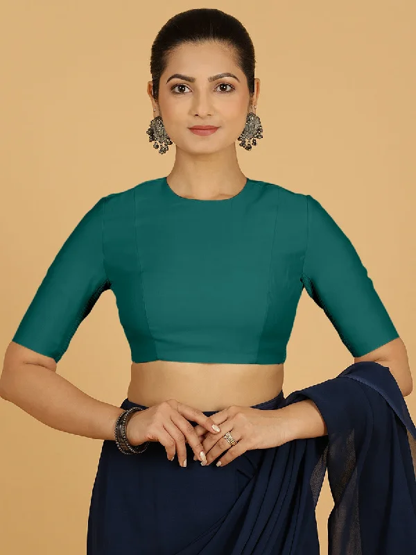 Blouses & Shirts for Motivational Speakers -  Women's Vintage Blouses-Amisha x Rozaana | Elbow Sleeves Saree Blouse in Peacock Green