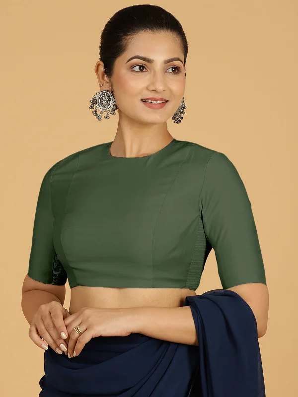 Blouses & Shirts for Oversized Look -  Women's Denim Blouses-Amisha x Rozaana | Elbow Sleeves Saree Blouse in Pine Green