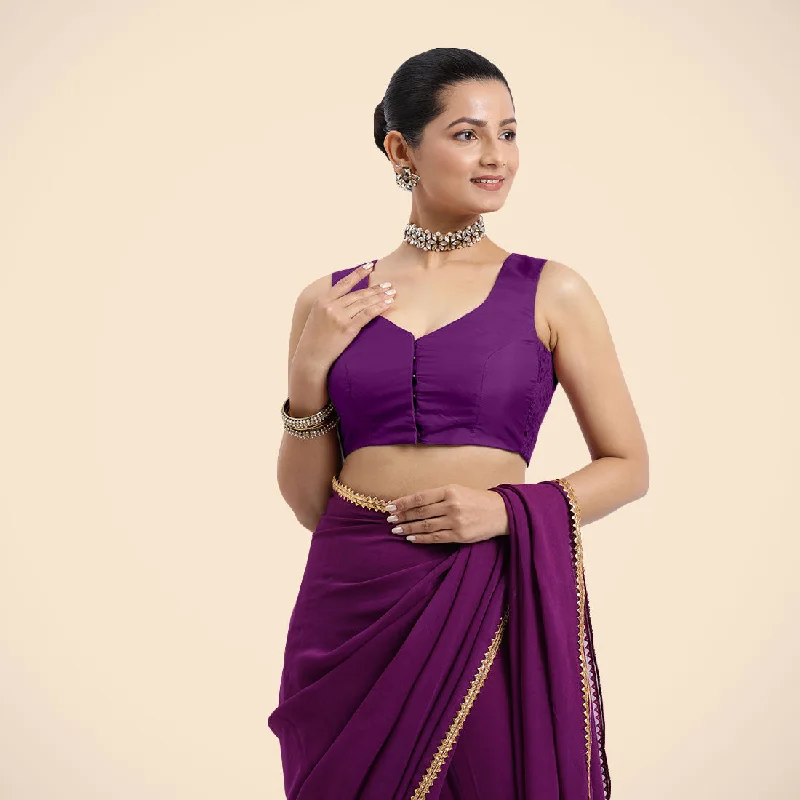 Blouses & Shirts for Jewish Women -  Women's Mandarin Collar Shirts-Nazia x Rozaana | Purple Sleeveless FlexiFit™ Saree Blouse with Front Open Curved V Neckline with Deep Back and Dori