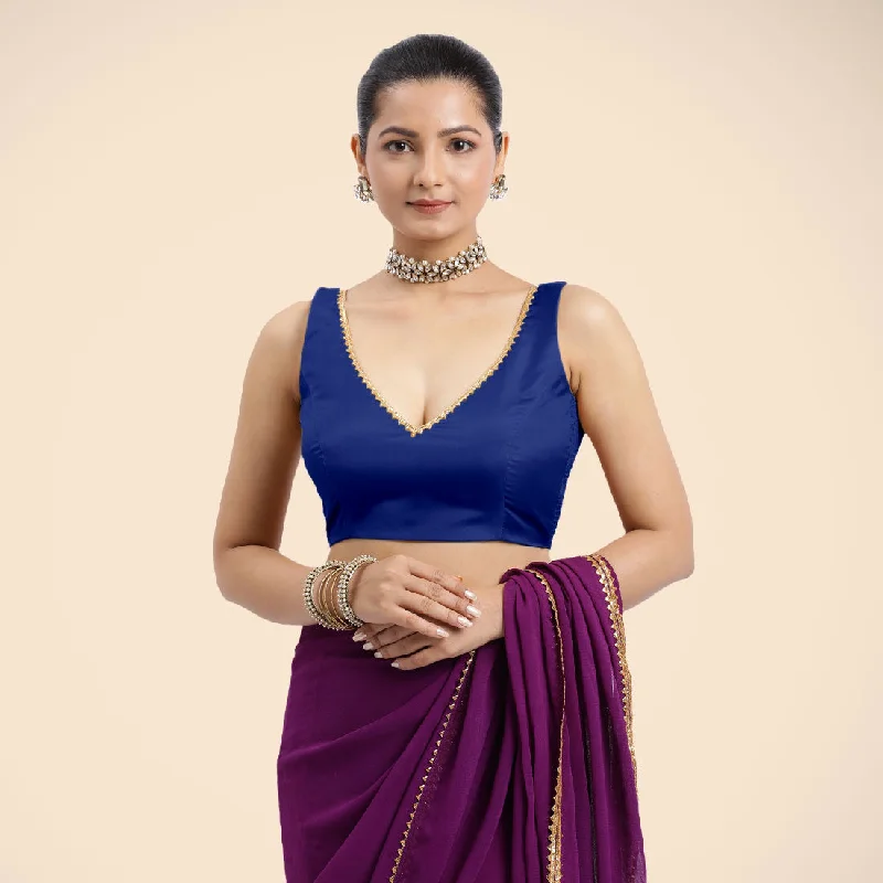 Blouses & Shirts for Designers -  Women's Pintuck Blouses-Raisa x Tyohaar | Cobalt Blue Sleeveless FlexiFit™ Saree Blouse with V Neckline with Golden Gota Lace Embellishment and Back Cut-out with Tie-Up