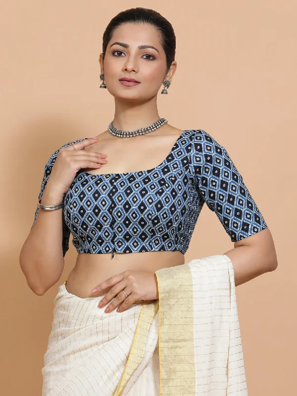 Blouses & Shirts for Change Makers -  Women's Bishop Sleeve Blouses-Aditi x Rozaana | Elbow Sleeves Cotton Saree Blouse in Indigo Blue Geometric Block Print Fabric