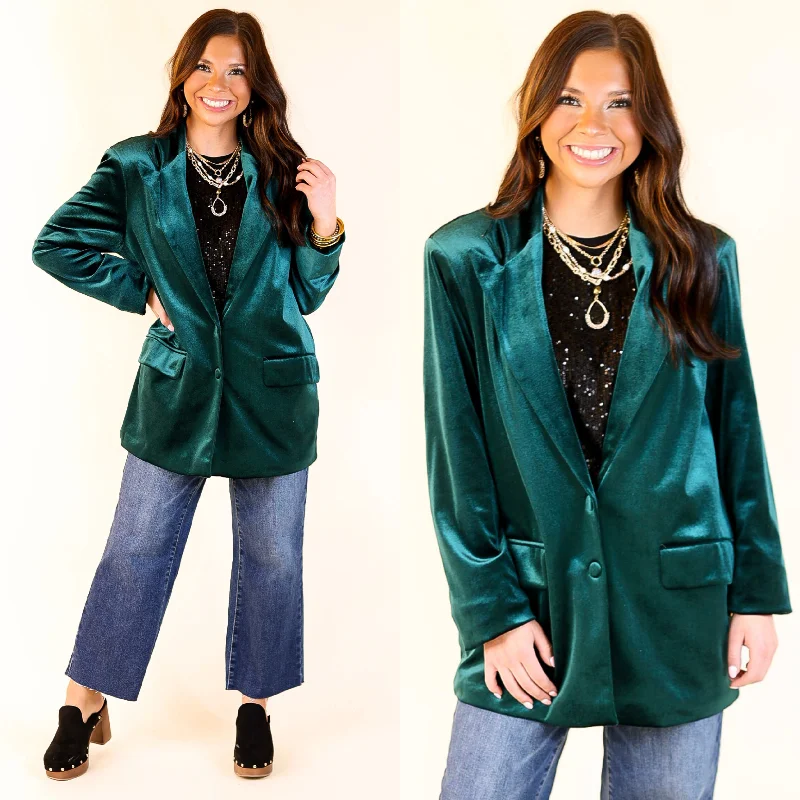 Patched Blazer-Women's Altered Fit Blazers-Touch Of Luxury Long Sleeve Velvet Blazer in Emerald Green