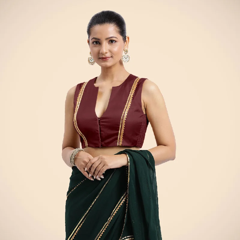 Blouses & Shirts for Valentine's Day -  Women's Mock Neck Blouses-Veena x Tyohaar | Burgundy Sleeveless FlexiFit™ Saree Blouse with Front Open Closed Neckline with Slit and Golden Gota Lace