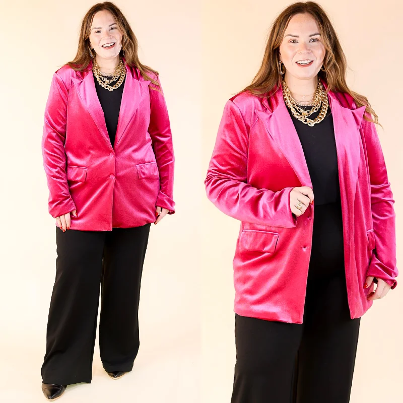 Lace-Up Blazer-Women's Belted Blazers-Touch Of Luxury Long Sleeve Velvet Blazer in Fuchsia Pink