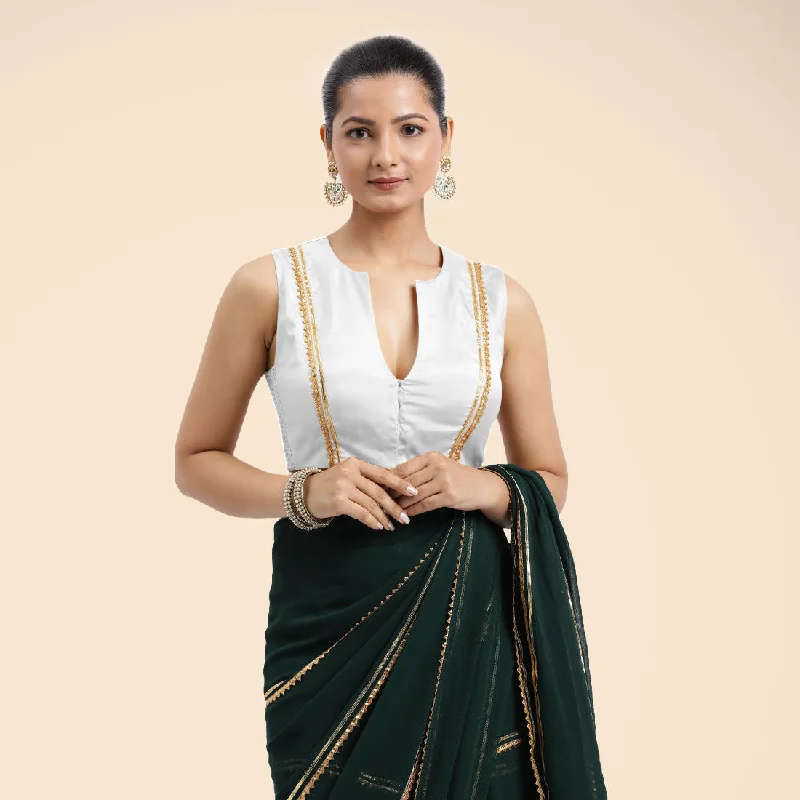 Blouses & Shirts for Graduation -  Women's Cutout Blouses-Veena x Tyohaar | Pearl White Sleeveless FlexiFit™ Saree Blouse with Front Open Closed Neckline with Slit and Golden Gota Lace