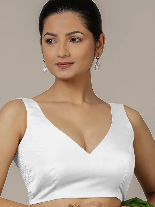 Blouses & Shirts for Formal Events -  Women's Embellished Blouses-Raisa x Rozaana | Pearl White Sleeveless FlexiFit™ Saree Blouse with Simple V Neckline and Back Cut-out with Tie-Up