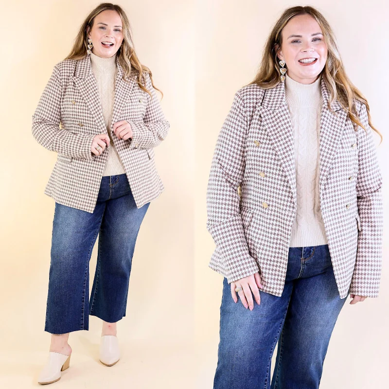 Multi-Use Blazer-Women's Capsule Wardrobe Blazers-Shot Of Espresso Houndstooth Blazer with Gold Buttons in Light Taupe