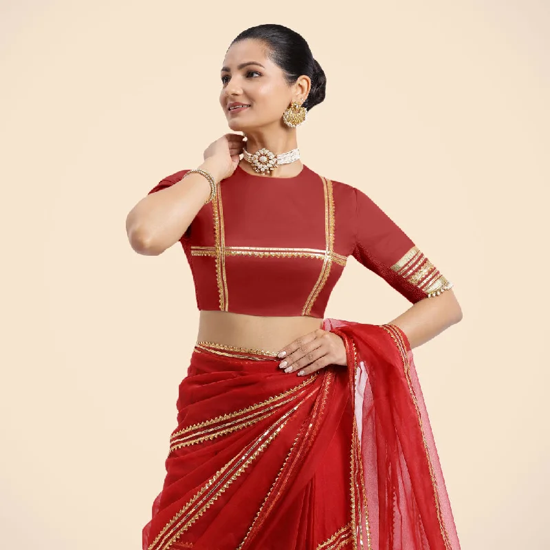 Blouses & Shirts for Dance -  Women's Knitted Blouses-Farheen x Tyohaar | Crimson Red Embellished Elbow Sleeves FlexiFit™ Saree Blouse with Zero Neck with Back Cut-Out and Golden Gota Embellishment