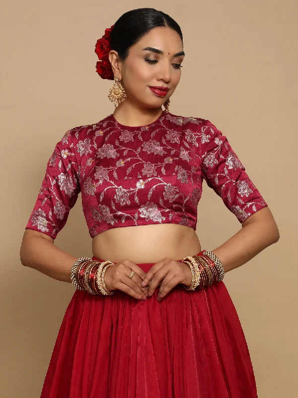 Blouses & Shirts for Elegant Style -  Women's Embroidered Tops-Ridhi x Tyohaar | Elbow Sleeves Satin Viscose Saree Blouse in Red Meenakari Fabric