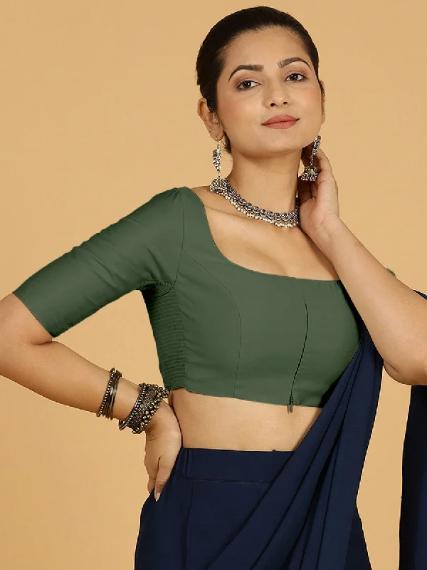 Blouses & Shirts for Minimalist Style -  Women's Fitted Blouses-Nidhi x Rozaana | Elbow Sleeves Saree Blouse in Pine Green