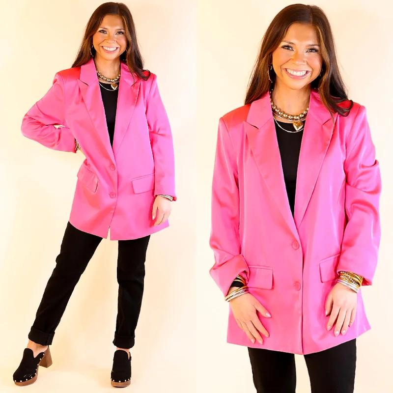 Ripped Blazer-Women's All-Purpose Blazers-Touch Of Luxury Long Sleeve Satin Blazer in Hot Pink