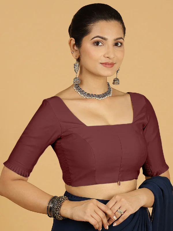 Blouses & Shirts for Theater -  Women's Puff Sleeve Shirts-Nihira x Rozaana | Elbow Sleeves Saree Blouse in Deep Maroon