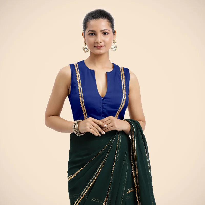 Blouses & Shirts for Halloween -  Women's Relaxed Shirts-Veena x Tyohaar | Cobalt Blue Sleeveless FlexiFit™ Saree Blouse with Front Open Closed Neckline with Slit and Golden Gota Lace