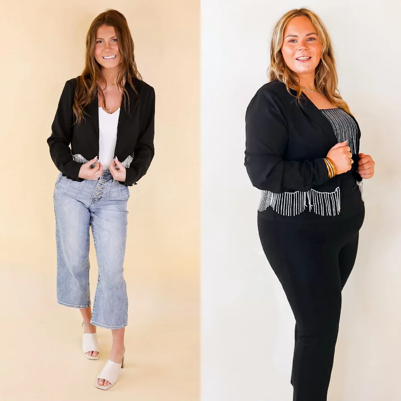 Pocket Blazer-Women's Curvy Fit Blazers-Time For Magic Cropped Blazer with Crystal Fringe Trim in Black