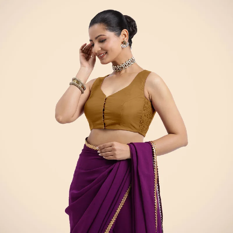 Blouses & Shirts for Ballet -  Women's Knot Front Blouses-Nazia x Rozaana | Bronze Gold Sleeveless FlexiFit™ Saree Blouse with Front Open Curved V Neckline with Deep Back and Dori