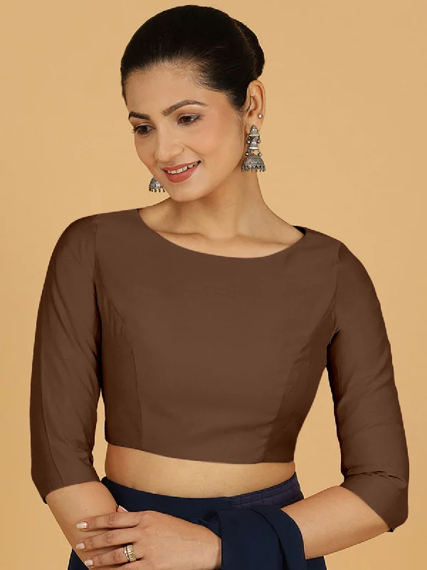 Blouses & Shirts for Australian Casual -  Women's Puff Shoulder Blouses-Tamanna x Rozaana | Three Quarter Sleeves Saree Blouse in Walnut Brown