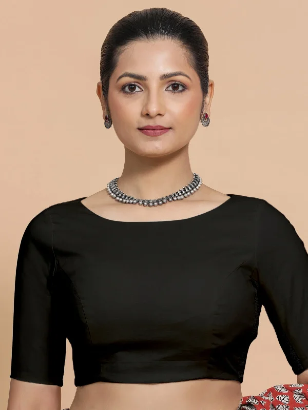 Blouses & Shirts for Concerts -  Women's Mesh Panel Shirts-Kumud x Rozaana | Boat Neck Black Plain Cotton Saree Blouse