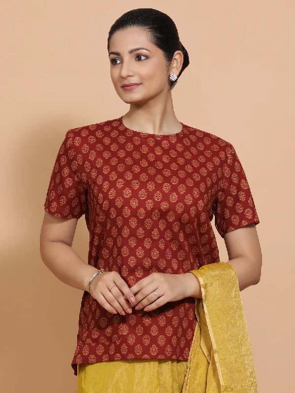 Blouses & Shirts for Leadership -  Women's Velvet Shirts-Brinda x Rozaana | Short Sleeves Cotton Saree Blouse in Red Peacock Block Print Fabric