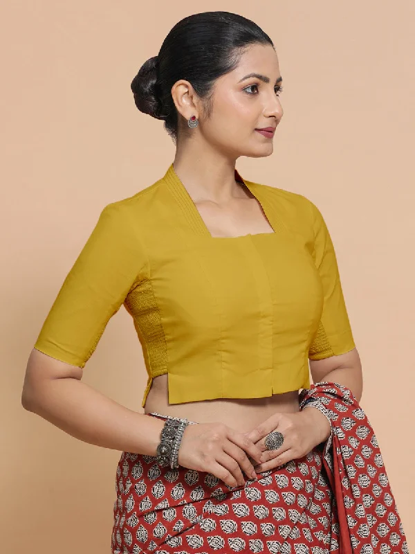 Blouses & Shirts for Minimalist Style -  Women's Lace Blouses-Ganga x Rozaana | Stylised Neck Sunny Yellow Plain Cotton Saree Blouse